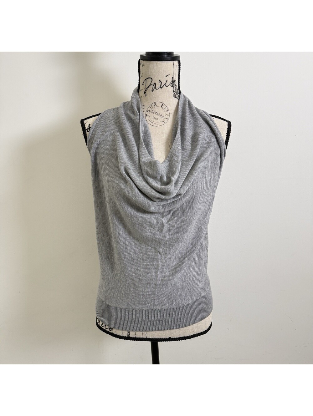 Women Grey Sleeveless Cowl Neck Knit Top Draped Open Back Minimalist Blouse Y2K